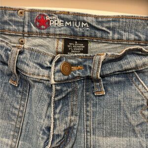 R4R Premium Jeans. Blue Denim Jeans with Faded Whiskering